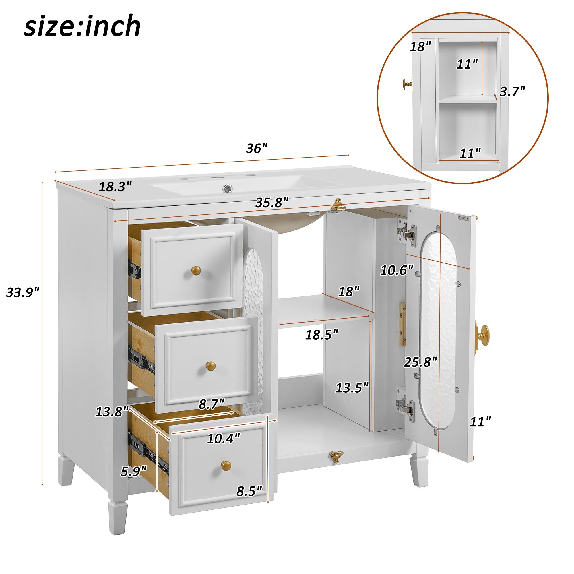 36-inch Bathroom Vanity with 2 Soft Close Doors, Solid Wood Frame