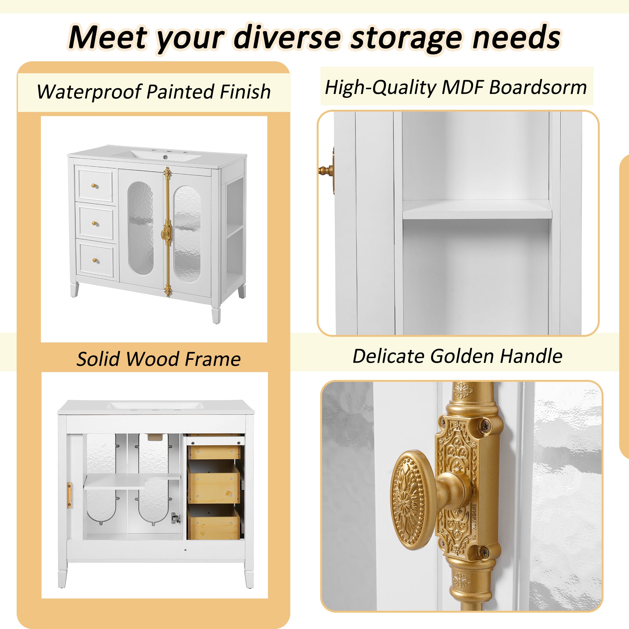36-inch Bathroom Vanity with 2 Soft Close Doors, Solid Wood Frame