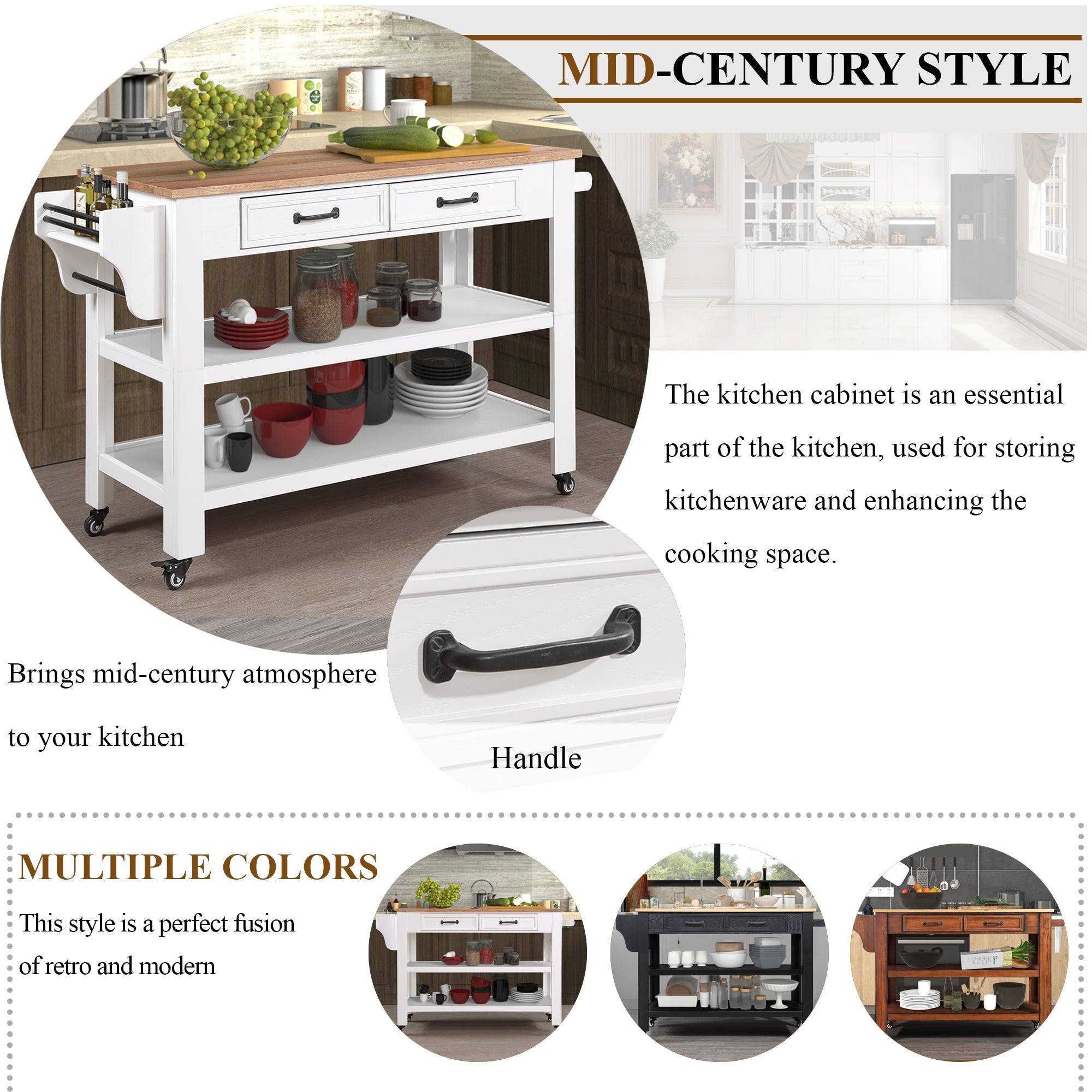 57 inch Rolling Kitchen Island with Storage,Kitchen Cart with Solid