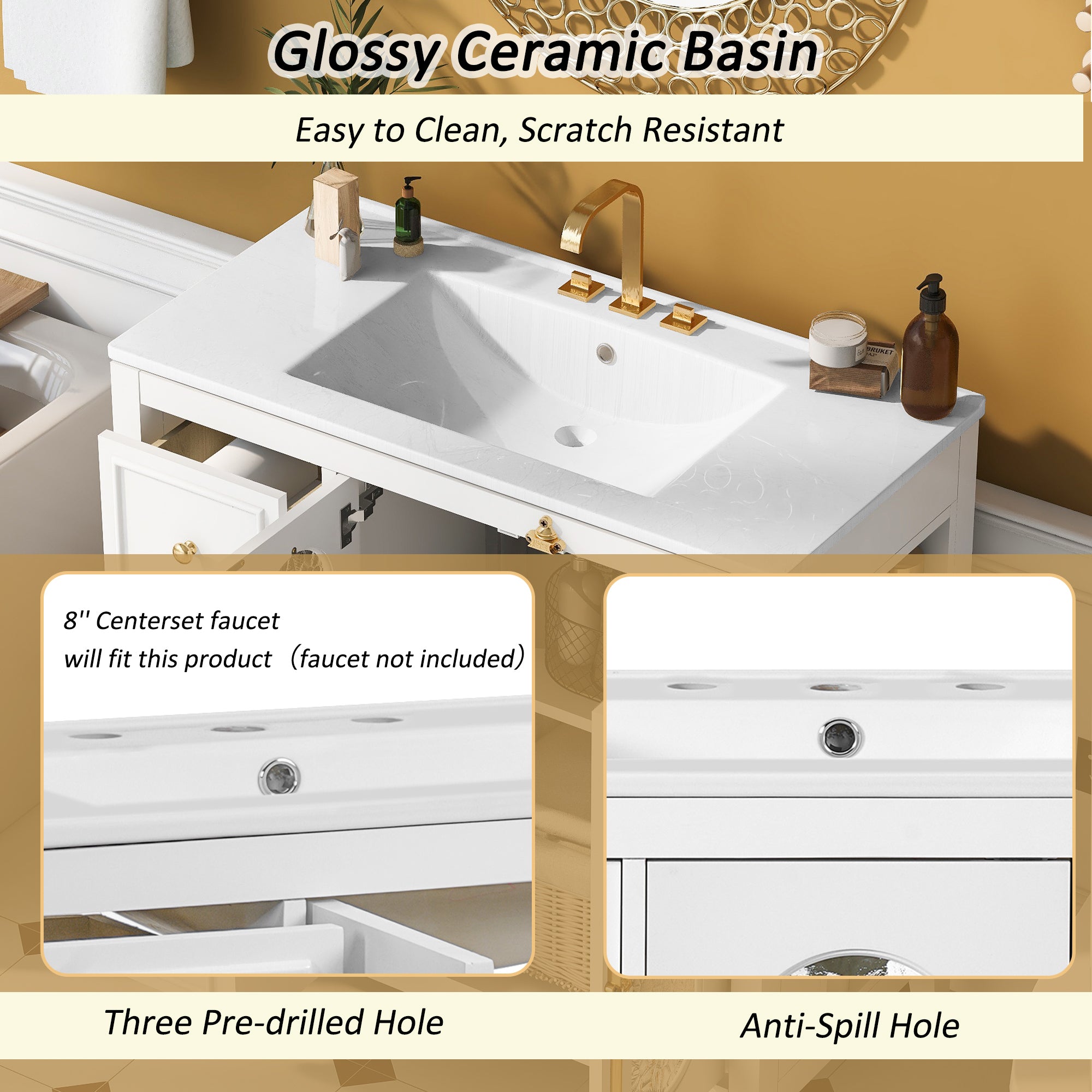 36-inch Bathroom Vanity with 2 Soft Close Doors, Solid Wood Frame